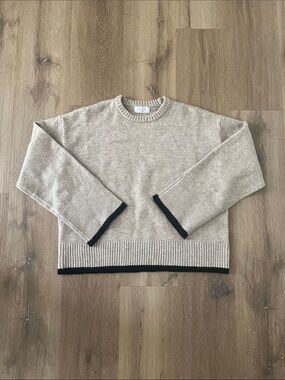 Sage Beige Crewneck Sweater with Black Trim